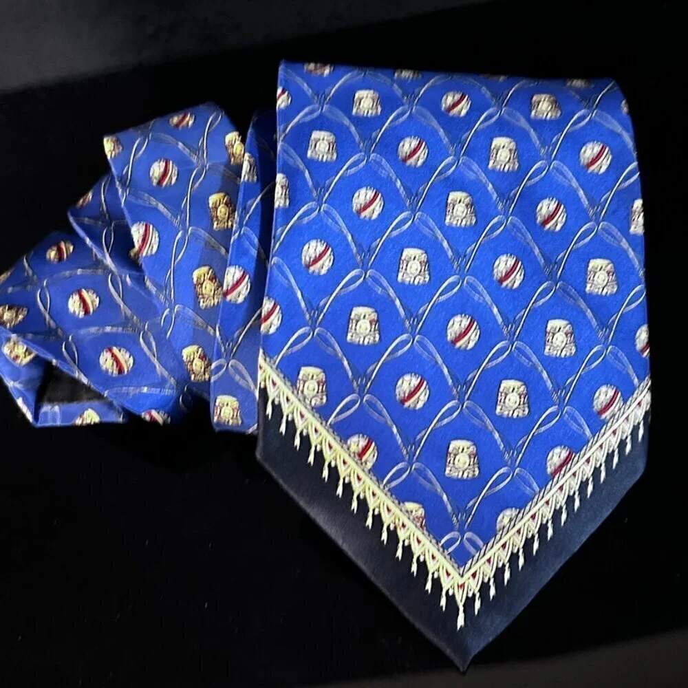 Gianfranco Ferre Silk Tie Blue Gold Red Baroque Filagree Rococo Balls Luxury Man